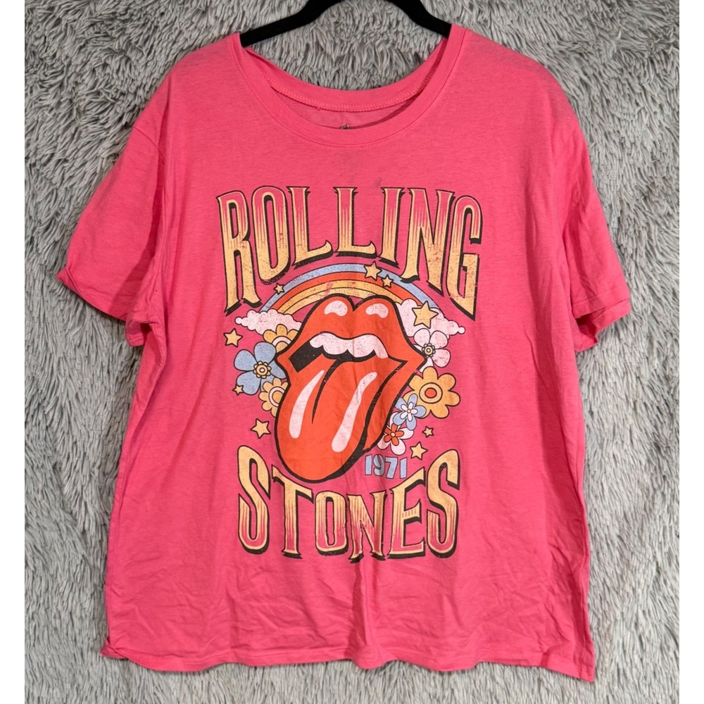 Rolling Stones 1971 Logo Graphic T Shirt Pink Cotton Poly Blend Size L 12 14